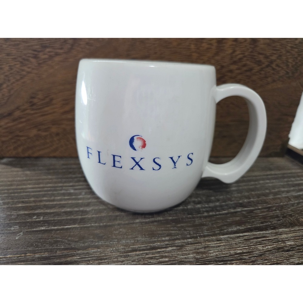 Vintage Flexsys Promo Logo White Plastic Coffee Mug Rounded Bulbous Shape